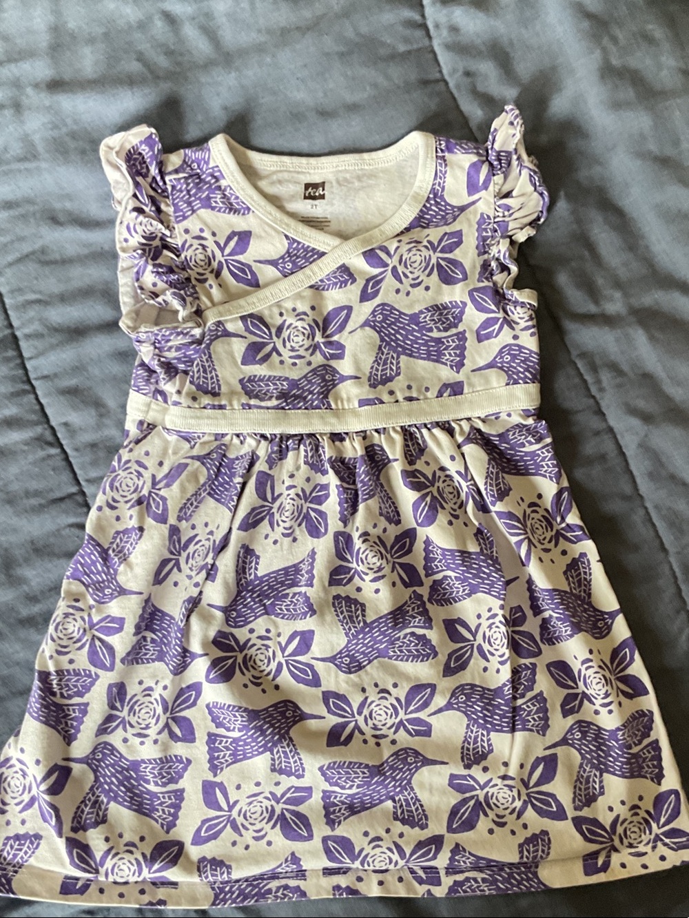 Tea Collection Cream Dress with Purple Bird & Floral Print